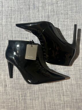 Zara Black Patent Pointed Lace-Up Ankle Booties with Stiletto Heel